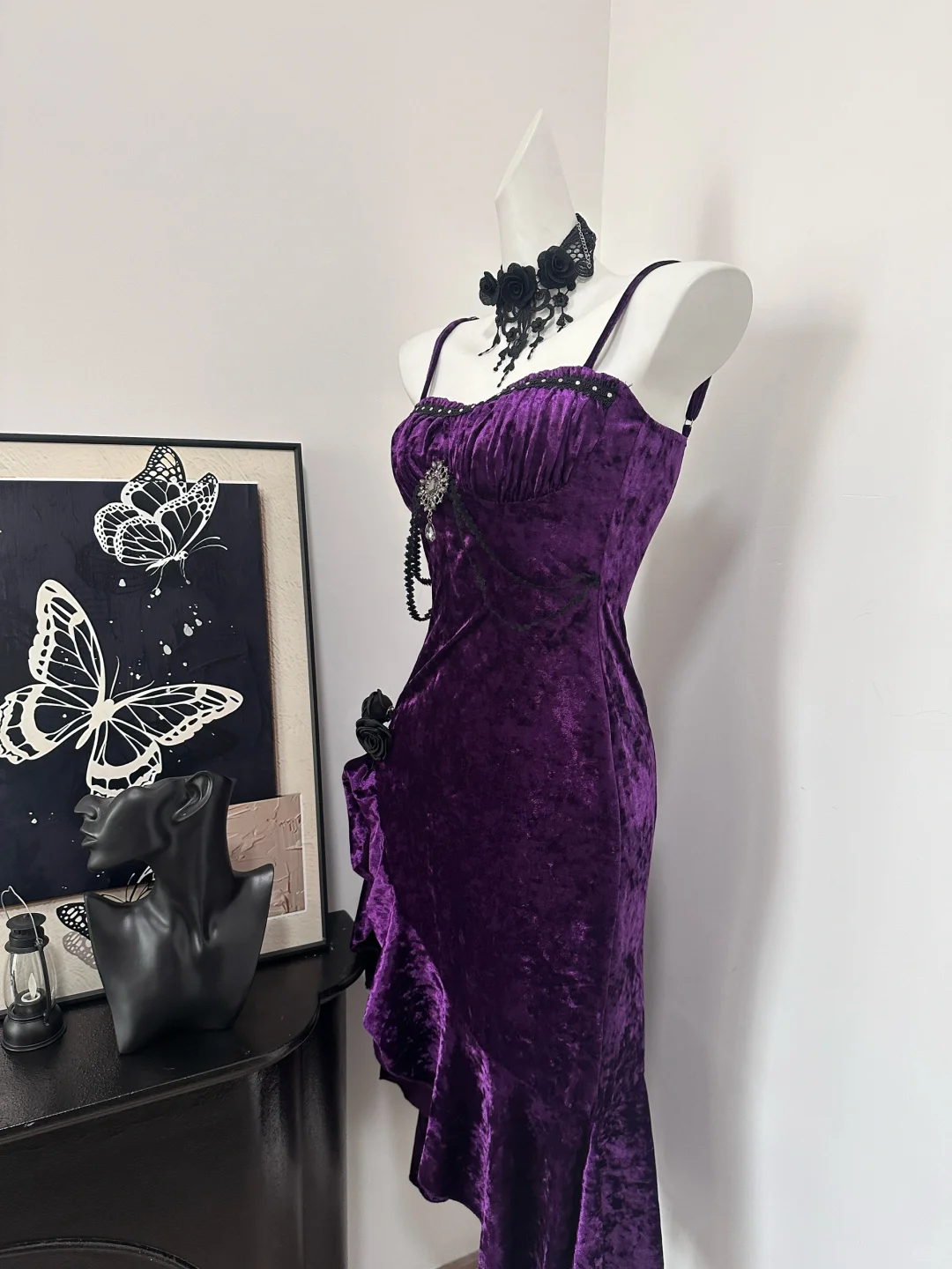 Pretty Spaghetti Straps Purple Velvet Ruffle Party Dress Birthday Evening Dress