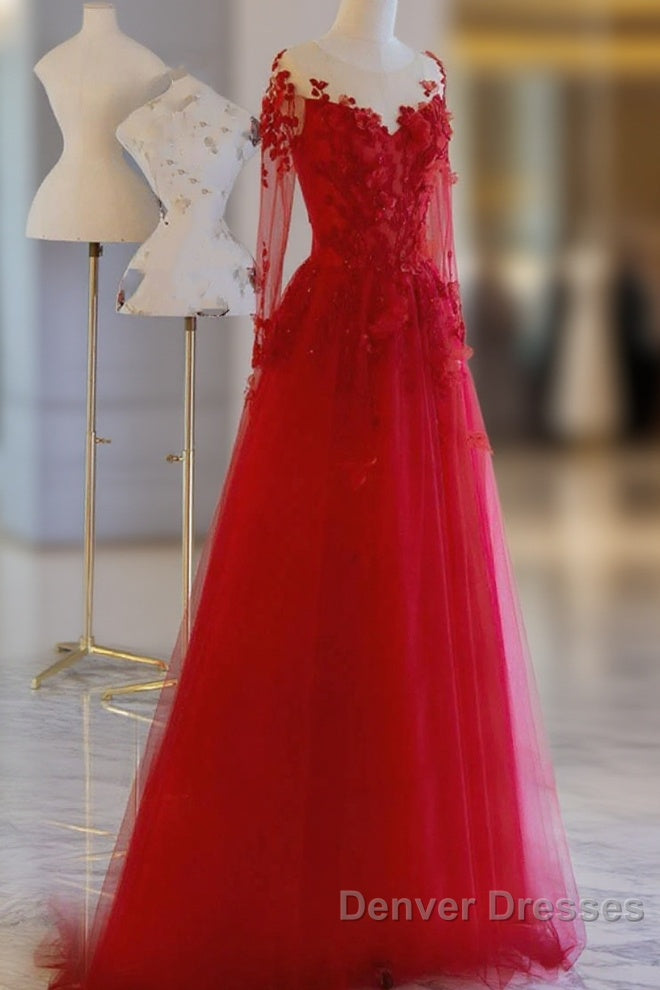 Pretty Tulle Long Prom Dress With Applique,Red Party Dress Formal Evening Dress Main image