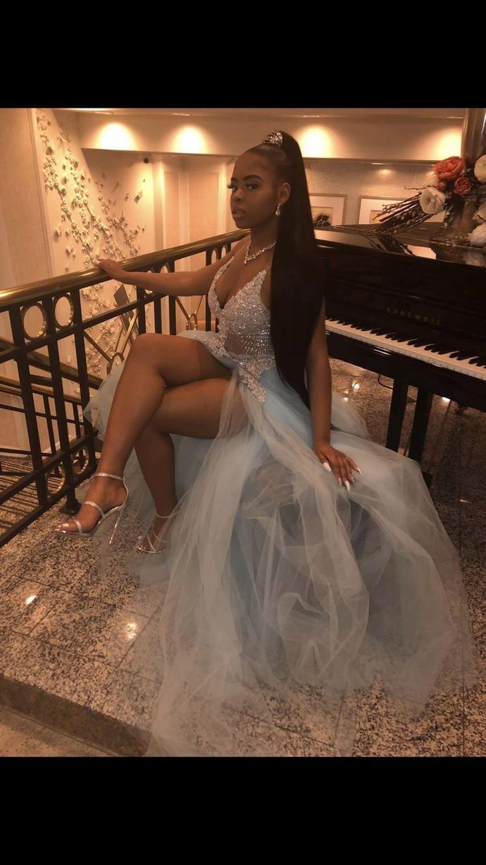 Pretty V Neck Lace Prom Dress, Sexy Split Slit Evening Dress