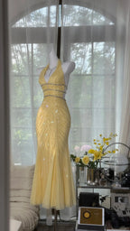 Pretty Yellow Sequin Halter Neck Backless Mermaid Prom Dress
