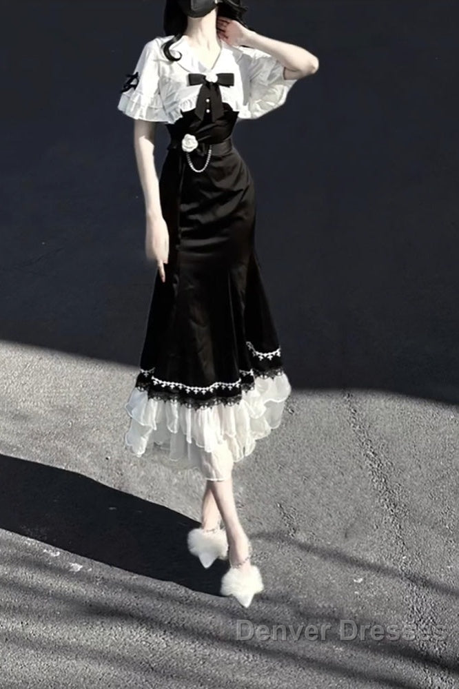 Princess A Line Black Satin Long Prom Dress Night Lolita Dress Birthday Outfits