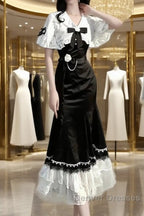 Princess A Line Black Satin Long Prom Dress Night Lolita Dress Birthday Outfits