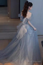 Princess A Line Blue Sequin Long Prom Dresses