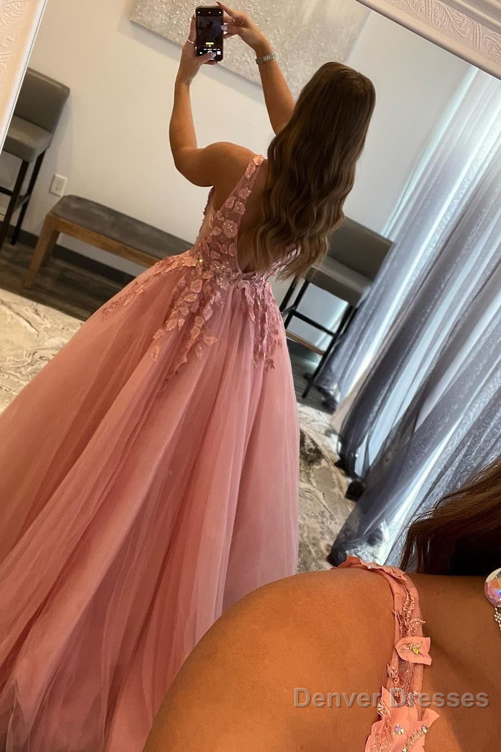 Princess A Line Deep V Neck Blush Long Prom Dress with Appliques Secondary image