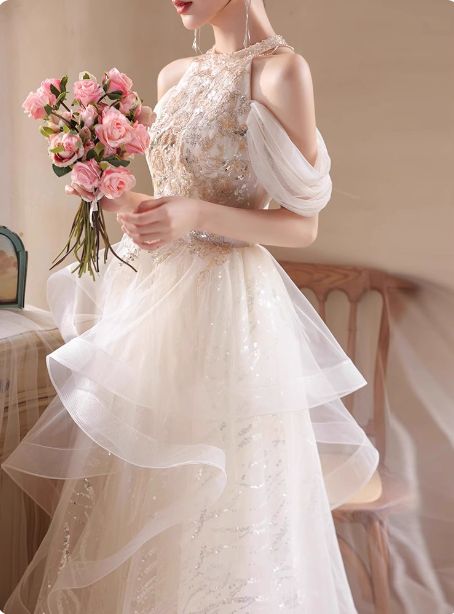 Princess A-Line Halter Neck Sequin Embroidered Tiered Tulle Long Prom Dress Evening Dress Secondary image