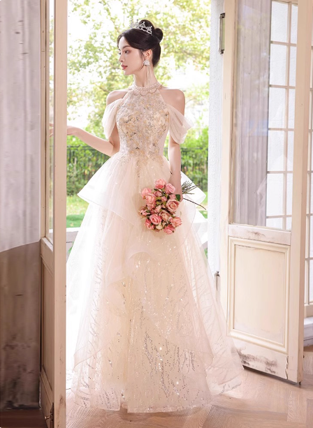 Princess A-Line Halter Neck Sequin Embroidered Tiered Tulle Long Prom Dress Evening Dress