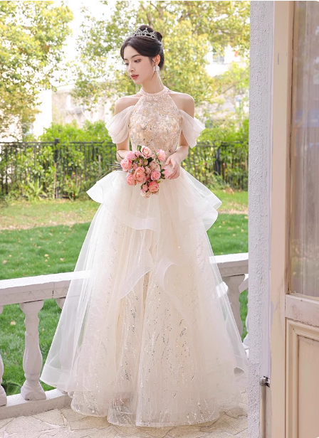 Princess A-Line Halter Neck Sequin Embroidered Tiered Tulle Long Prom Dress Evening Dress Main image