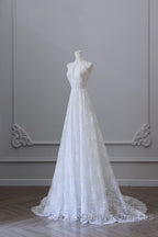 Princess A Line High Neckline White Lace Long Wedding Dress Brides Dress