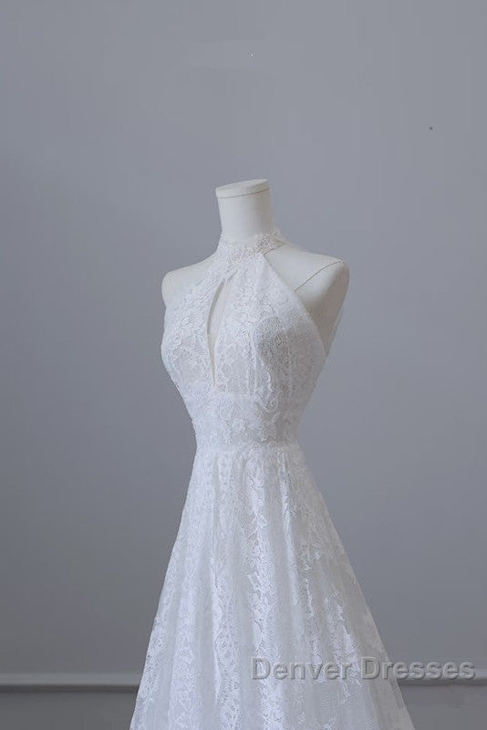 Princess A Line High Neckline White Lace Long Wedding Dress Brides Dress