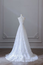Princess A Line High Neckline White Lace Long Wedding Dress Brides Dress