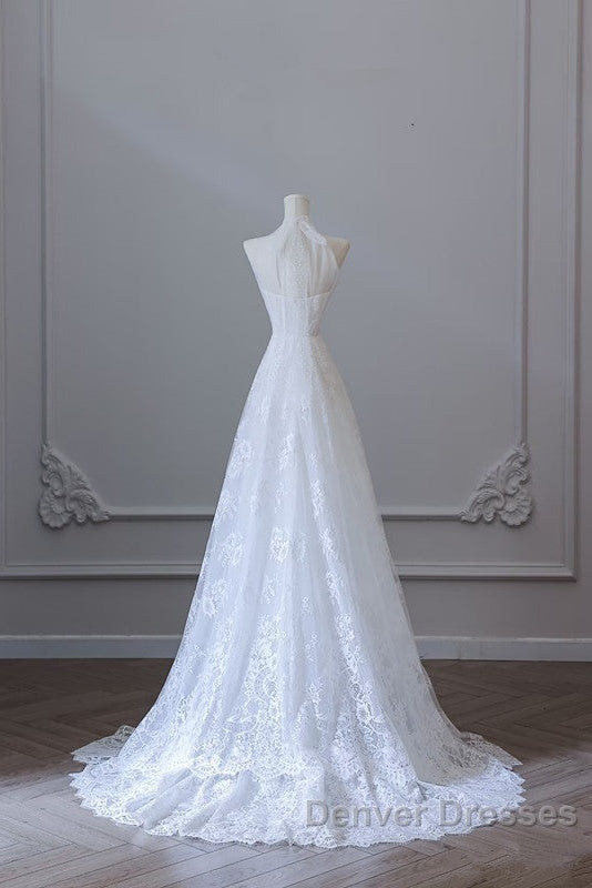 Princess A Line High Neckline White Lace Long Wedding Dress Brides Dress