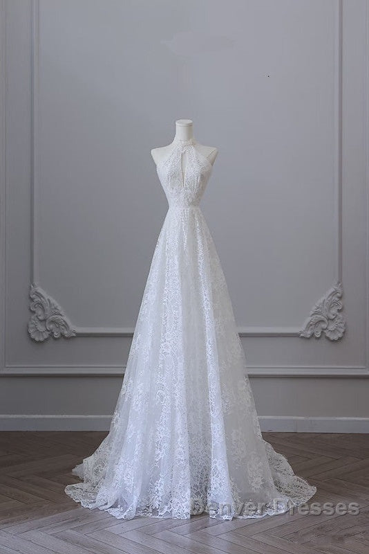 Princess A Line High Neckline White Lace Long Wedding Dress Brides Dress