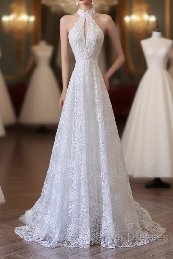 Princess A Line High Neckline White Lace Long Wedding Dress Brides Dress