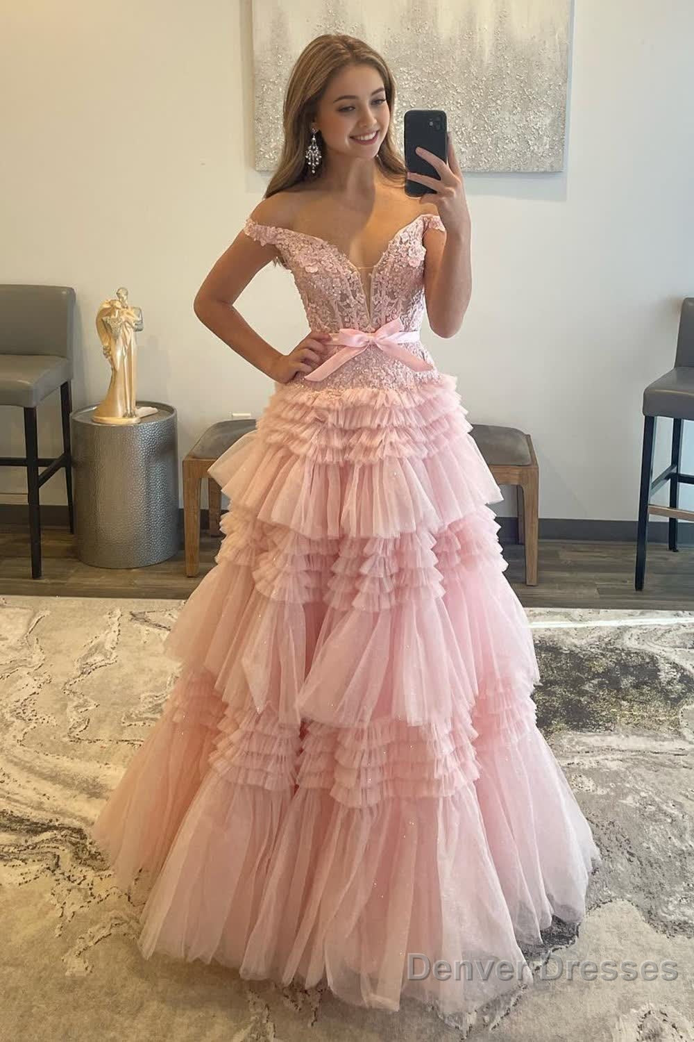 Princess A Line Off the Shoulder Light Pink Long Prom Dress with Ruffles Main image