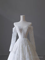 Princess A line Off The Shoulder White Lace Long Wedding Dresses Brides Dress
