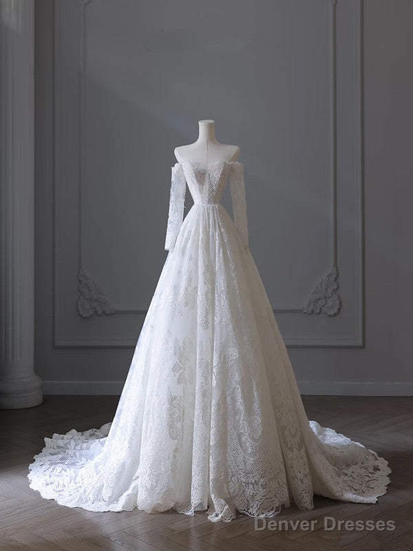 Princess A line Off The Shoulder White Lace Long Wedding Dresses Brides Dress Main image