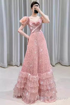 Princess A Line Pink Short Sleeves Sequin Long Prom Dress
