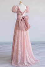 Princess A Line Pink Short Sleeves Sequin Long Prom Dress