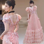 Princess A Line Pink Short Sleeves Sequin Long Prom Dress