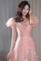 Princess A Line Pink Short Sleeves Sequin Long Prom Dress
