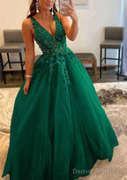 Princess A-line V Neck Sleeveless Sweep Train Tulle Prom Dresses With Appliqued Beading
