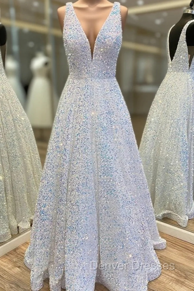 Princess A-line V Neck Sleeveless Velvet Sequins Long/Floor-Length Prom Dress With Pockets Main image