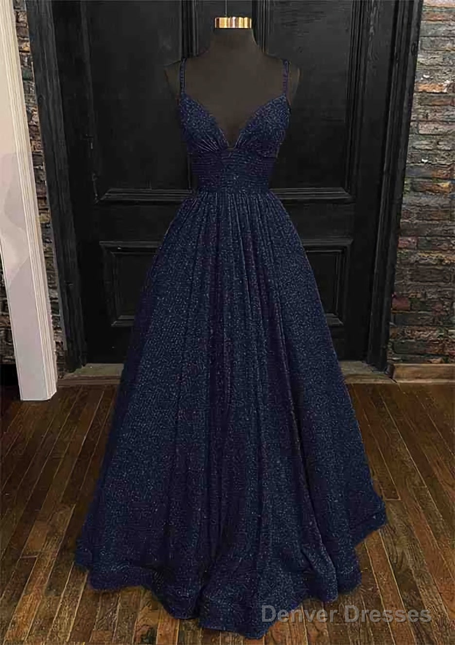 Princess A-line V Neck Spaghetti Straps Long/Floor-Length Sequined Prom Dresses With Pleated Secondary image