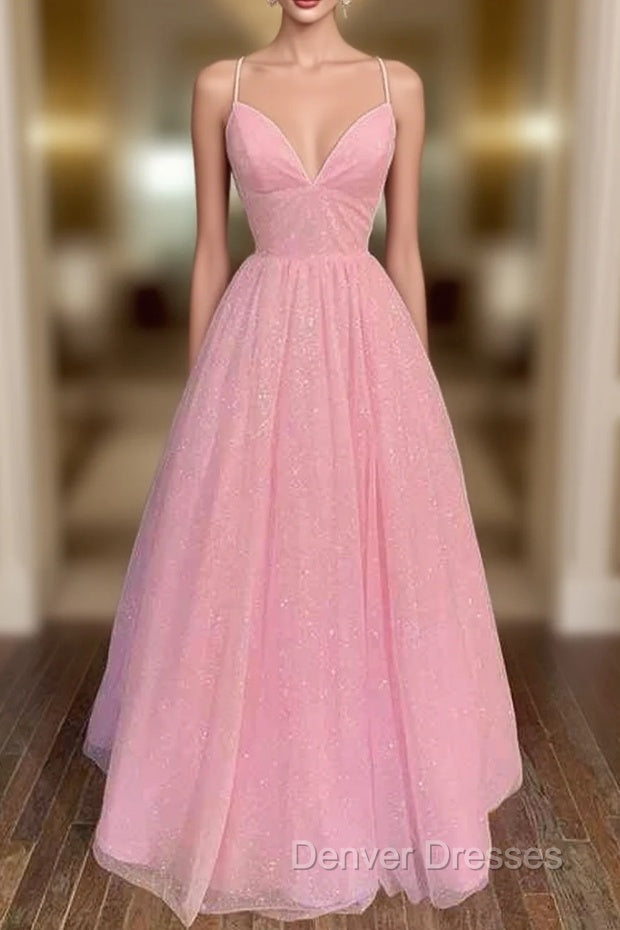 Princess A-line V Neck Spaghetti Straps Long/Floor-Length Tulle Glitter Prom Dress Main image