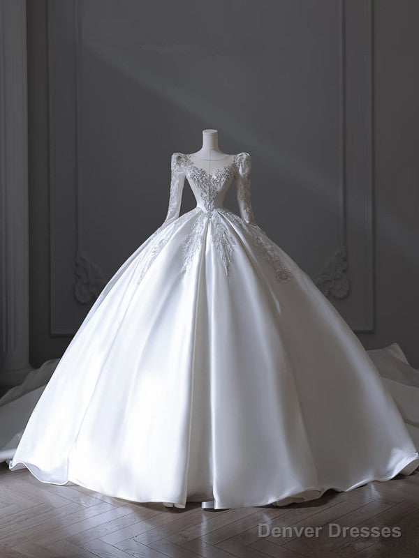 Princess Ball Gown Scoop Neckline Long Sleeves Pleats Beads White Satin Wedding Dresses Main image