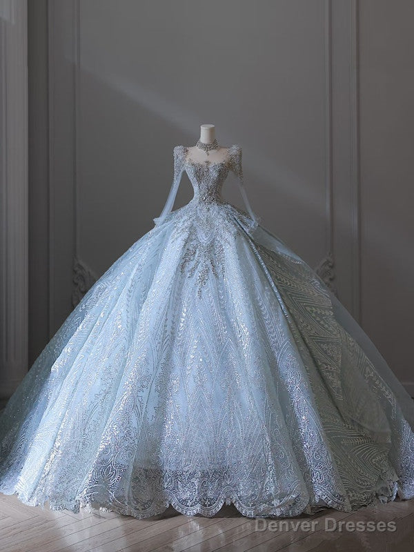 Princess Ball Gown Scoop Neckline Long Sleeves Sequin Light Sky Blue Long Wedding Dresses Brides Dress Main image
