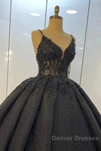 Princess Ball Gown Spaghetti Straps Beaded Black Wedding Dress