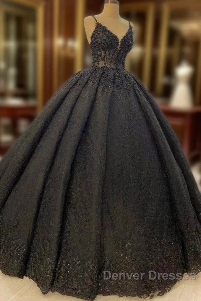 Princess Ball Gown Spaghetti Straps Beaded Black Wedding Dress Main image