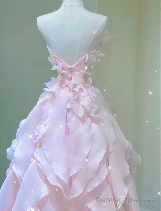 Princess Ball Gown Strapless Long Pink Prom Dress