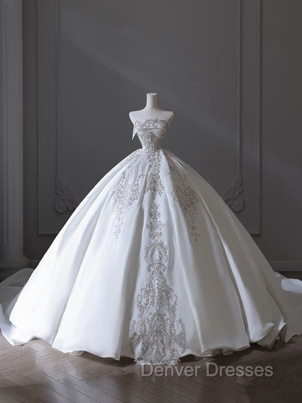 Princess Ball Gown Strapless Sleeveless Pleats White Satin Wedding Dress
