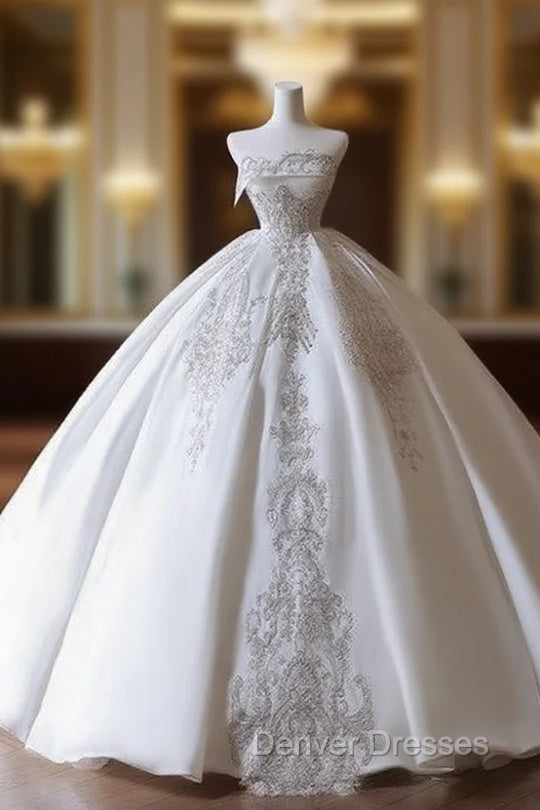 Princess Ball Gown Strapless Sleeveless Pleats White Satin Wedding Dress Main image
