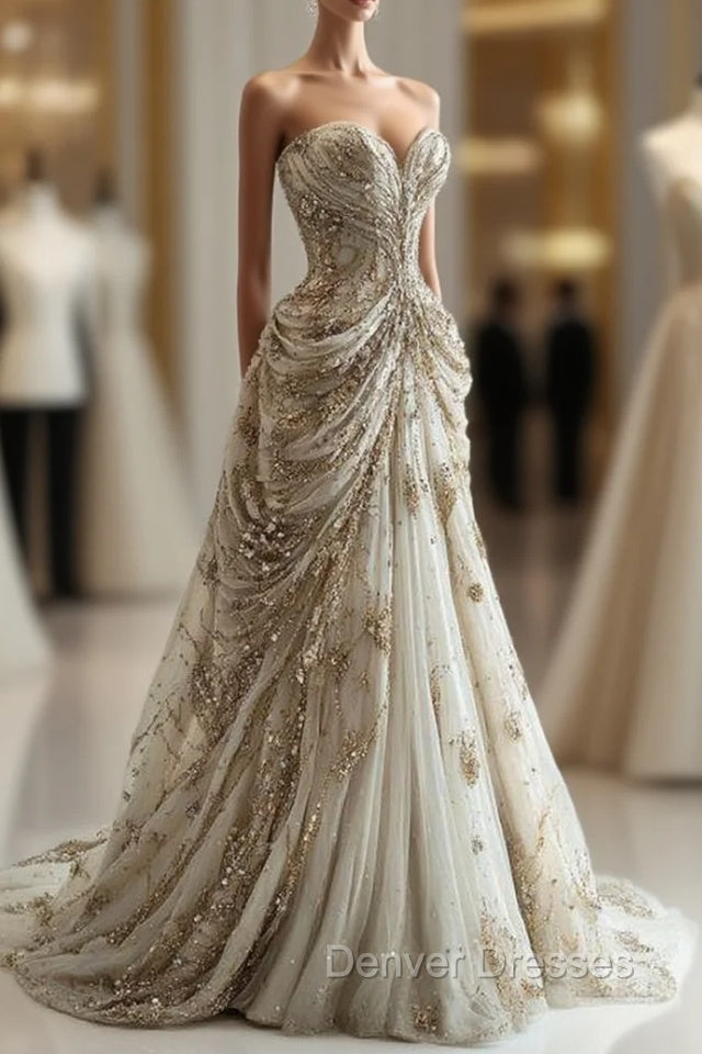 Princess Ball Gown Sweetheart Neckline Pleats White Sequin Wedding Dress