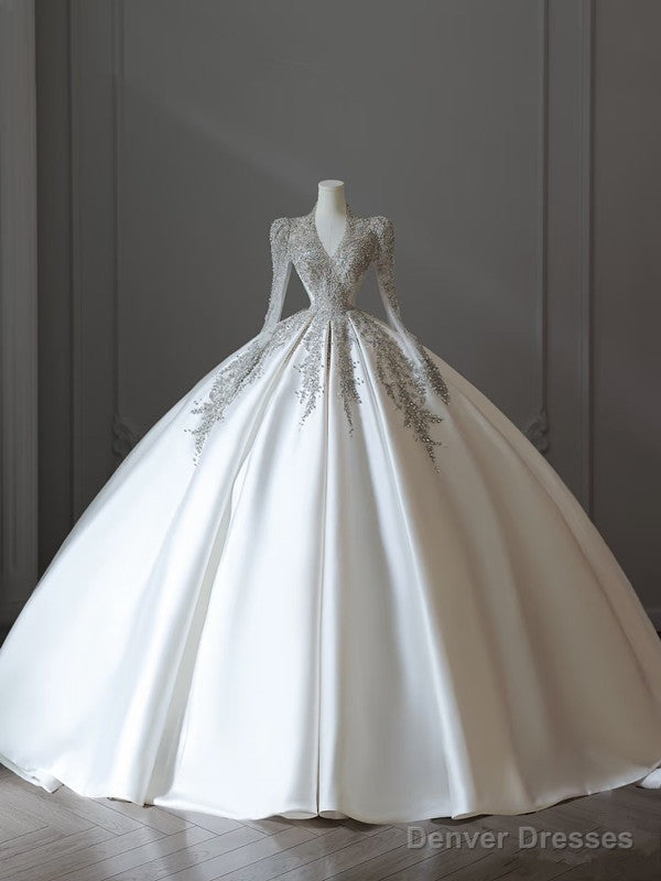 Princess Ball Gown V Neckline Long Sleeves Pleats Beads White Satin Wedding Dresses Main image