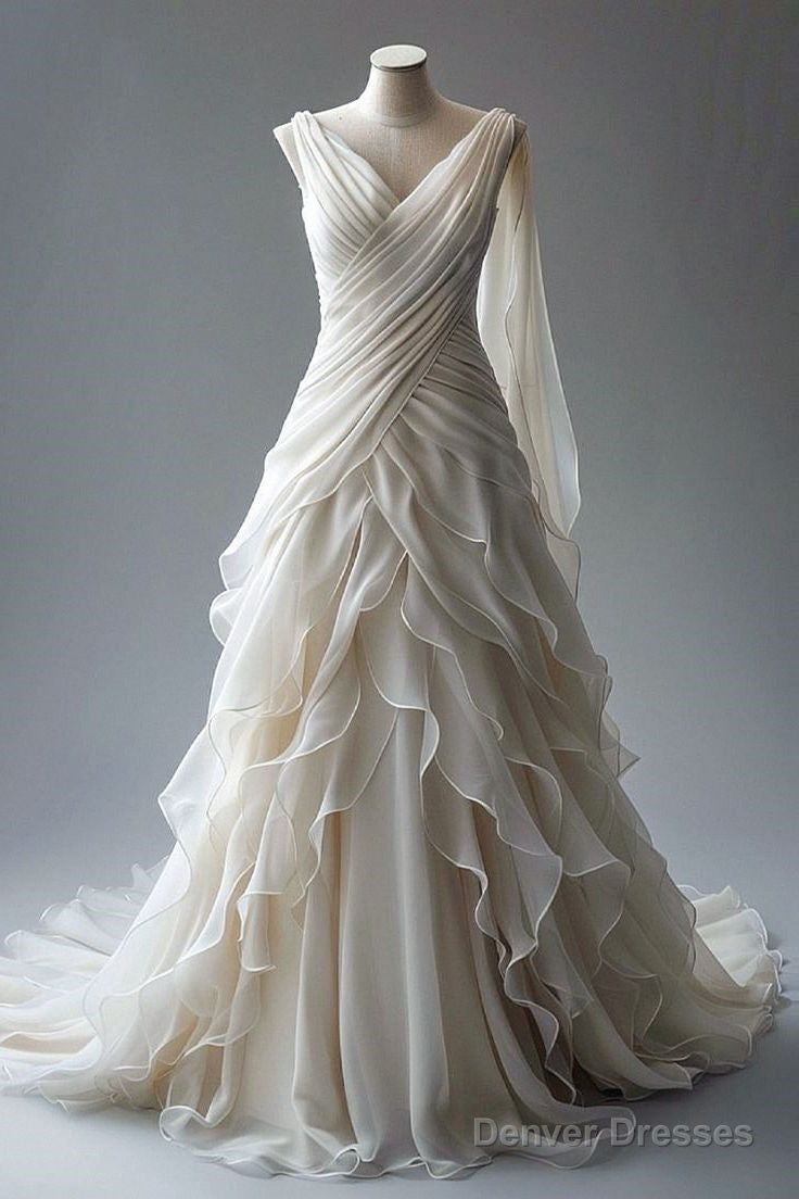 Princess Ball Gown V Neckline Pleats White Chiffon Wedding Dresses Main image