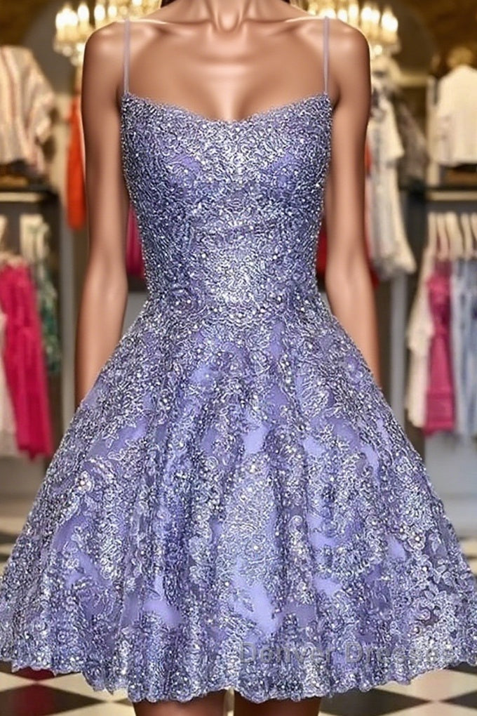 Princess Beaded Purple Lace Prom Dress, Short Purple Lace Homecoming Dress, Purple Formal Evening Dress Main image
