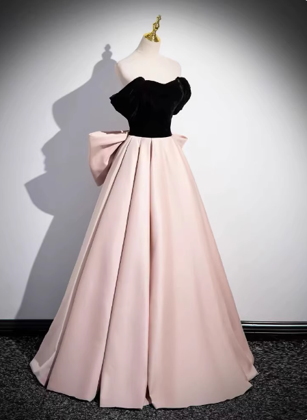 Princess Black & Pink Panel A-Line Off-The-Shoulder Bow Velvet Satin Long Prom Dress Evening Dress Secondary image