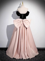 Princess Black & Pink Panel A-Line Off-The-Shoulder Bow Velvet Satin Long Prom Dress Evening Dress