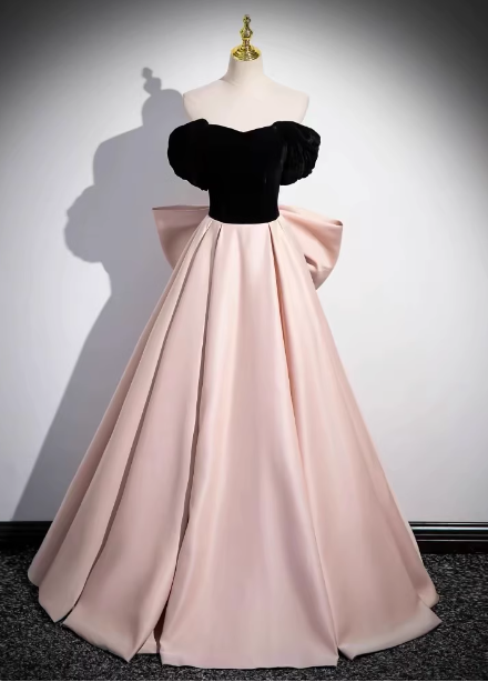 Princess Black & Pink Panel A-Line Off-The-Shoulder Bow Velvet Satin Long Prom Dress Evening Dress Main image