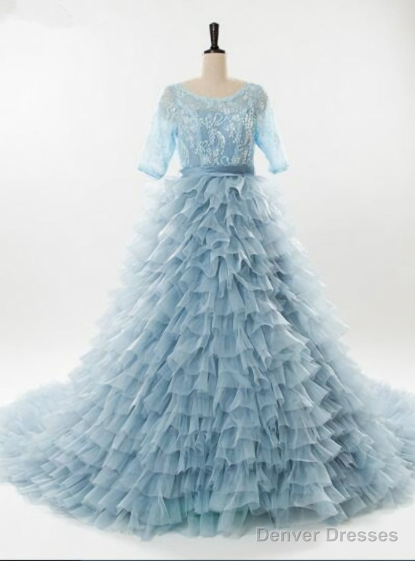 Princess Blue Short Sleeve Lace Tulle Backless Wedding Dress