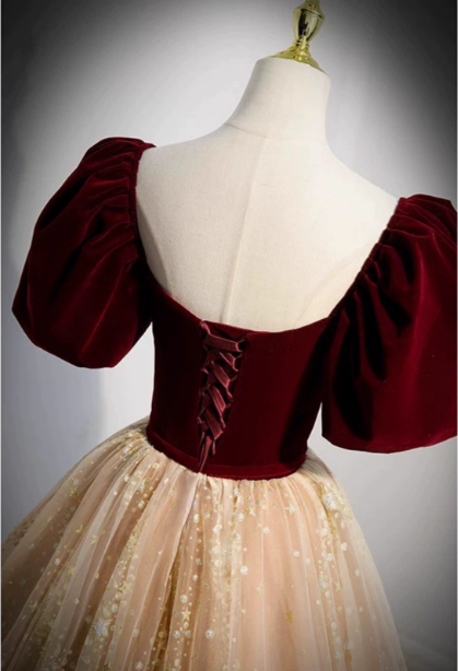 Princess Burgundy & Champagne Gold Panel A-Line Short Sleeve Tulle Long Prom Dress Evening Dress Secondary image