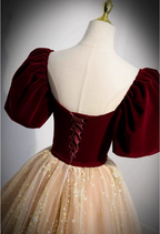 Princess Burgundy & Champagne Gold Panel A-Line Short Sleeve Tulle Long Prom Dress Evening Dress