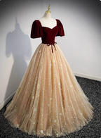 Princess Burgundy & Champagne Gold Panel A-Line Short Sleeve Tulle Long Prom Dress Evening Dress