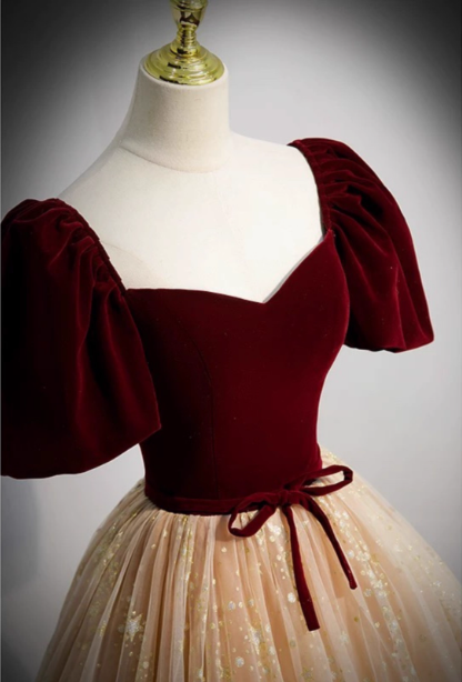 Princess Burgundy & Champagne Gold Panel A-Line Short Sleeve Tulle Long Prom Dress Evening Dress