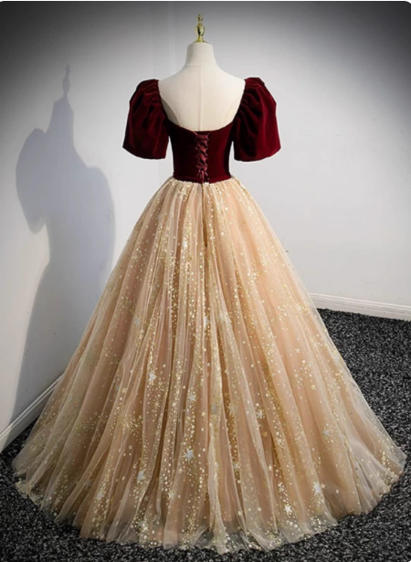 Princess Burgundy & Champagne Gold Panel A-Line Short Sleeve Tulle Long Prom Dress Evening Dress