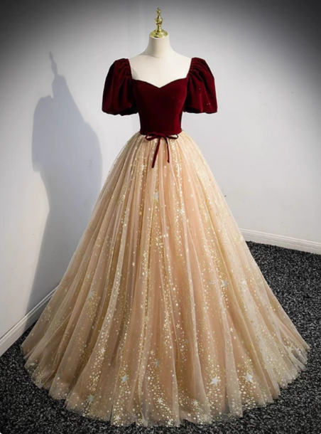Princess Burgundy & Champagne Gold Panel A-Line Short Sleeve Tulle Long Prom Dress Evening Dress Main image