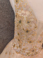 Princess Champagne A-Line V-Neck Sleeveless Sequin Beaded Tulle Long Prom Dress Evening Dress
